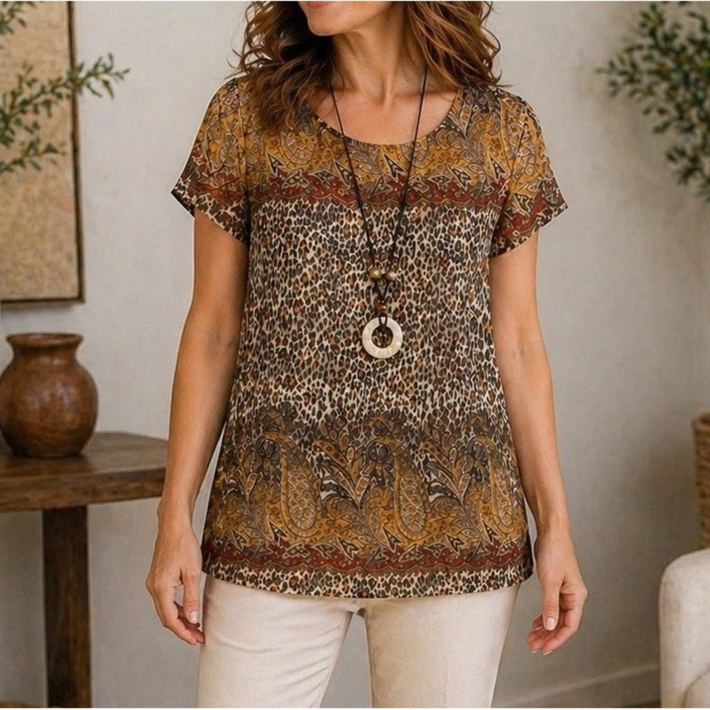 VTG R&M Richards Petite 6P Jungle Paisley Blouse Sheer Chiffon Boho Chic